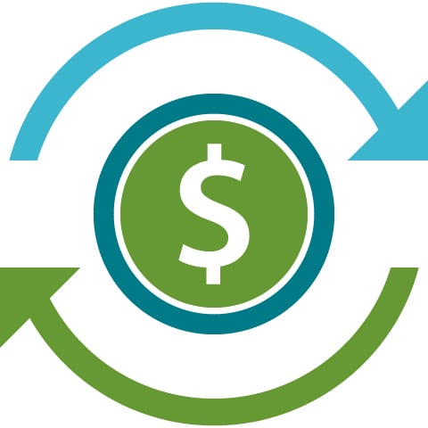 Illustration of a dollar sign in a green circle surrounded by arrows curving to the left and right